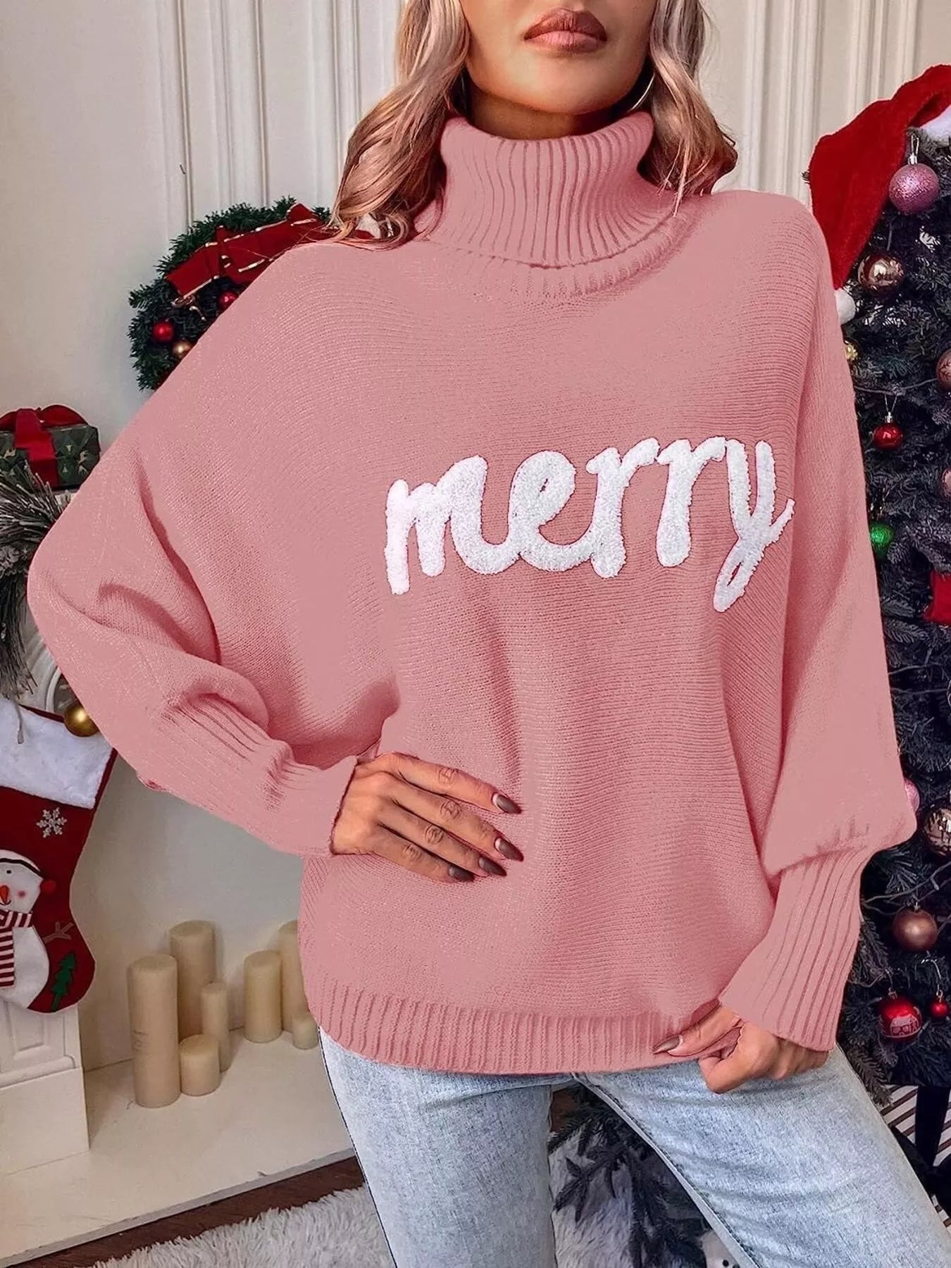 Merry Turtleneck Long Sleeve Christmas Sweater