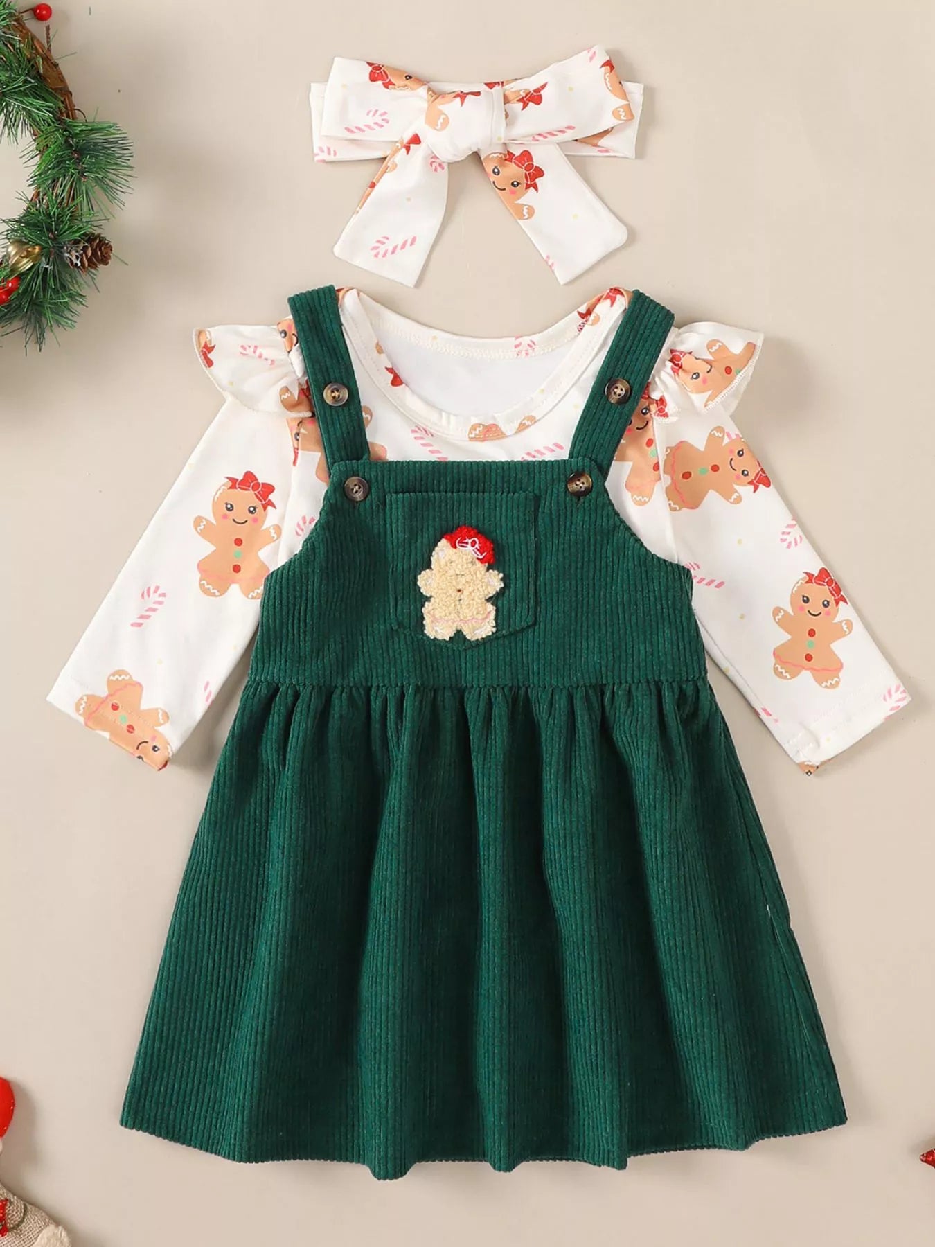 Children's Christmas Bodysuit and Overall Dress Set with Headband