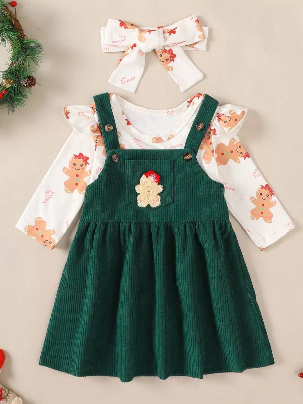 Children's Christmas Bodysuit and Overall Dress Set with Headband