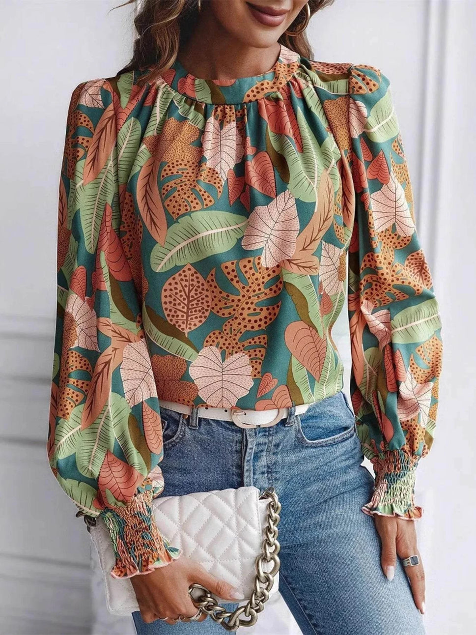 Tropical Print Long Sleeve Blouse
