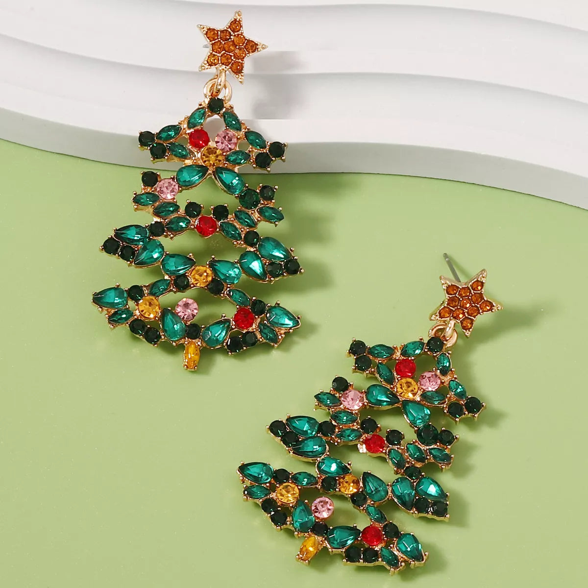 Christmas Tree Earrings with Rhinestones