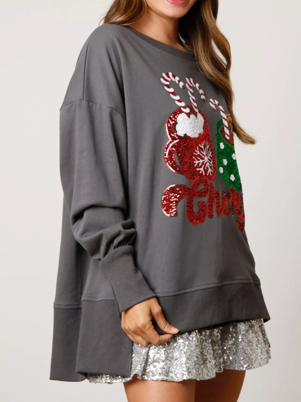 Christmas Sequin High-Low Round Neck Sweatshirt