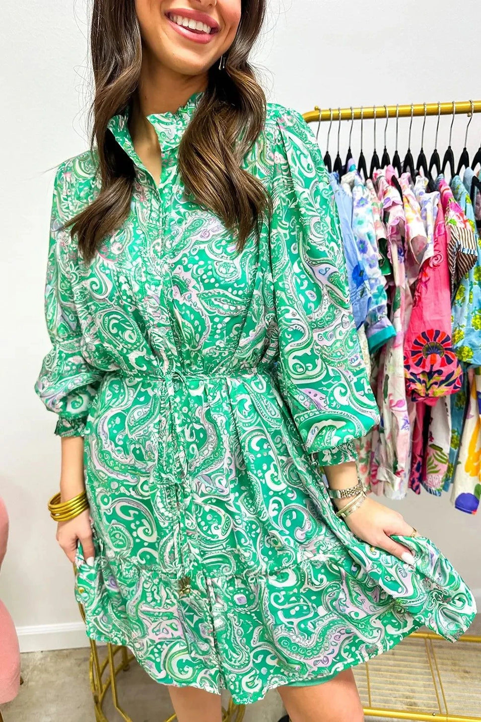 Ruffled Hem Long Sleeve Shirt Dress