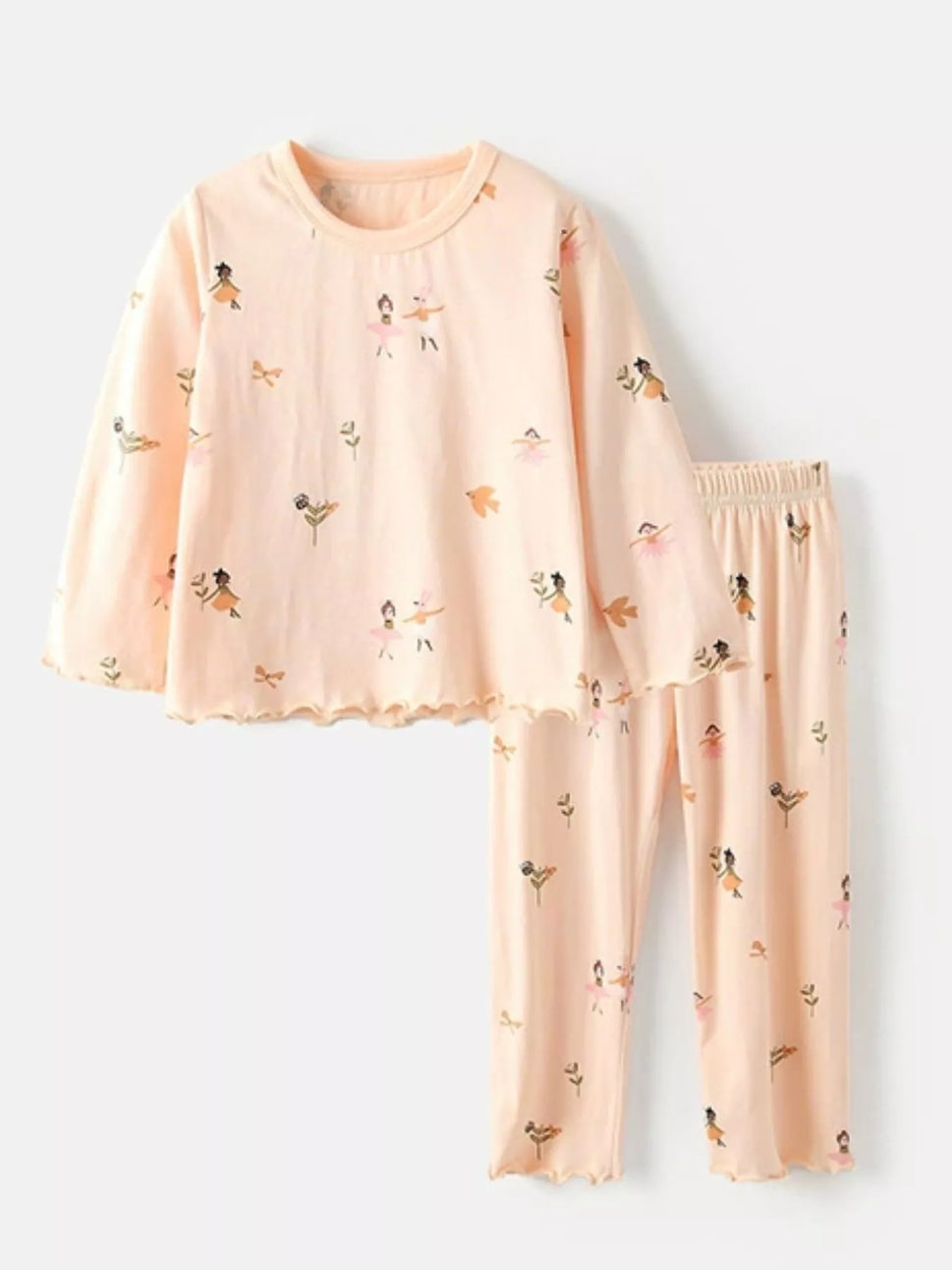 Children's Ballerina Print Round Neck Top and Pants Pajama Set
