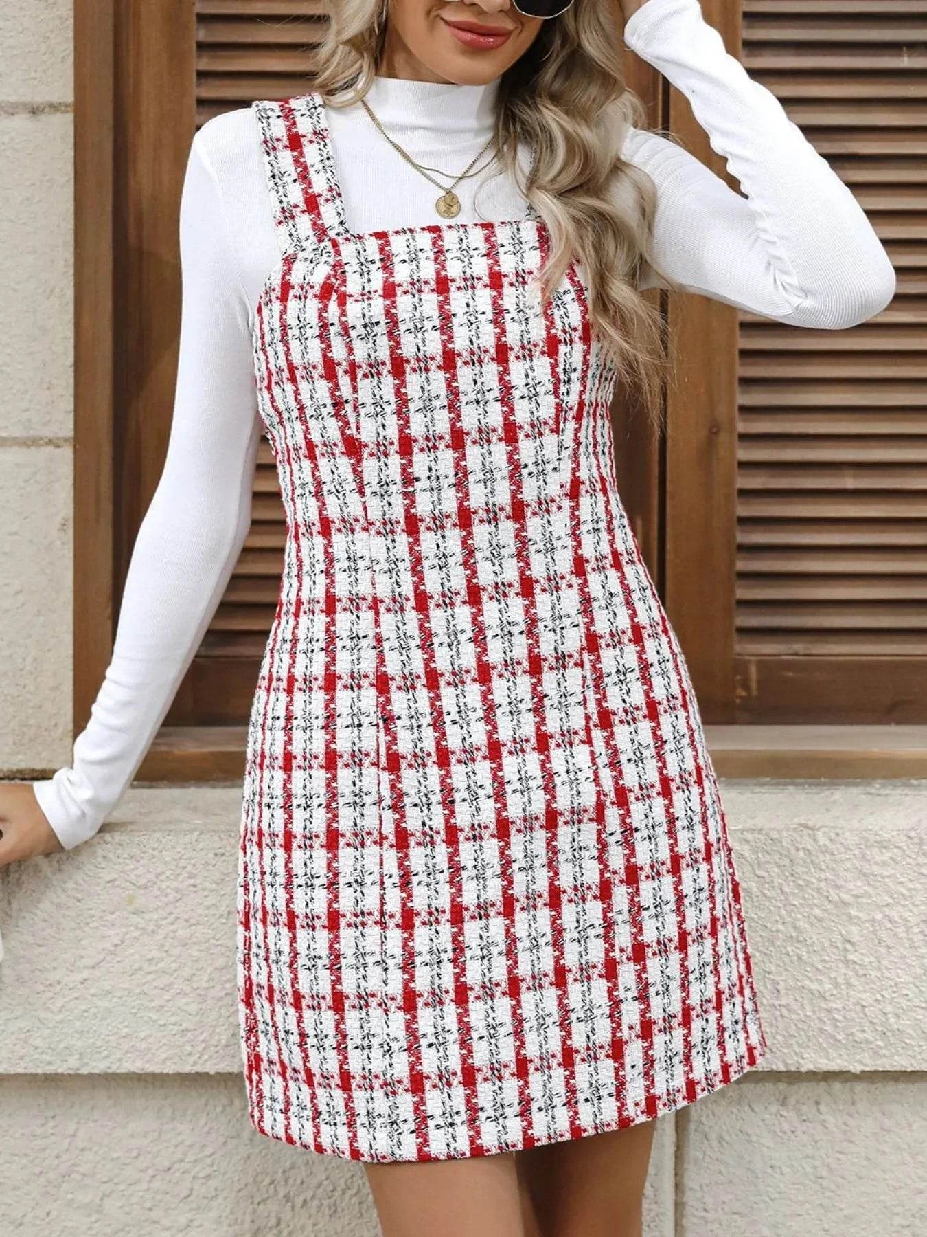Plaid Tweed Square Neck Mini Dress