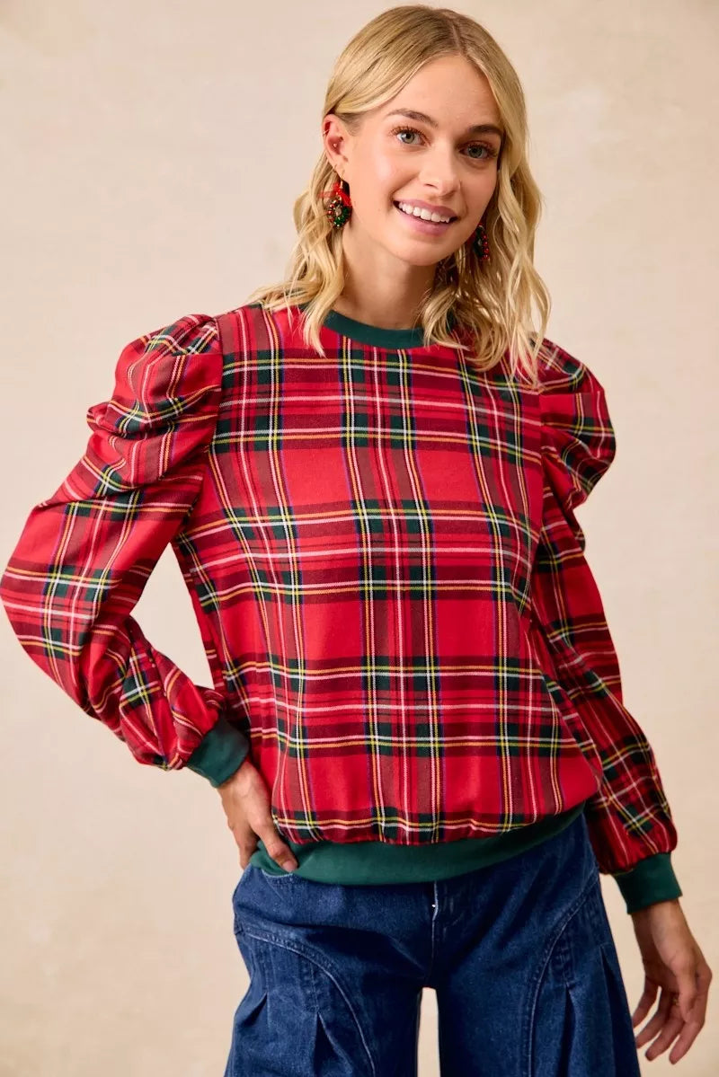 BiBi Christmas Plaid Exaggerated Shoulder Sleeves Top