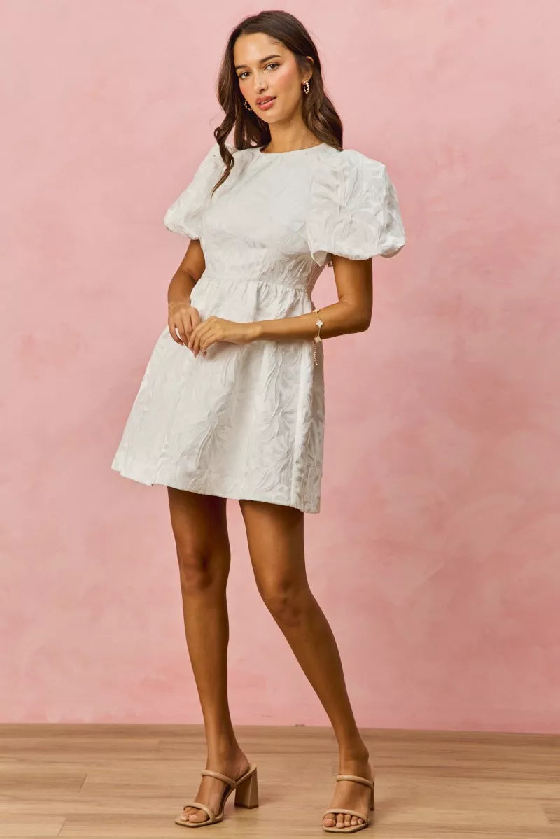 SO ME Floral Jacquard Bubble Shorts Sleeves Mini Dress