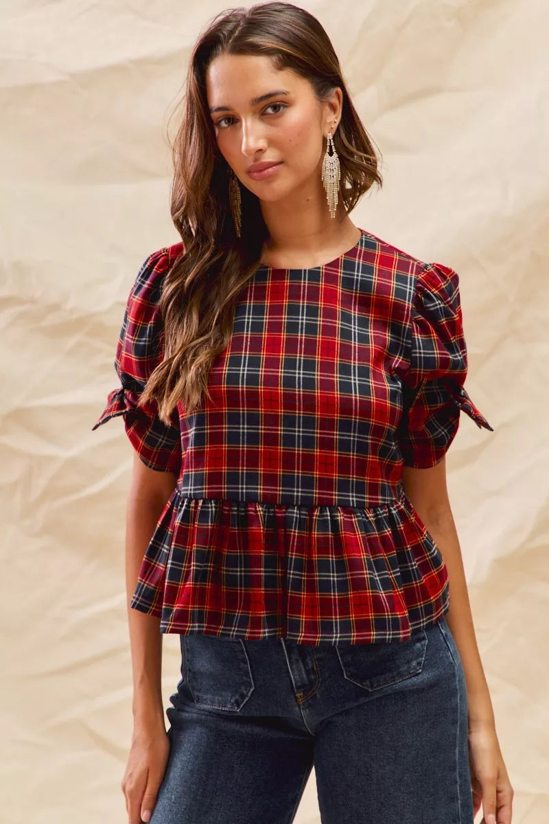 SO ME Christmas Holiday Plaid Ribbon Short Sleeves Top