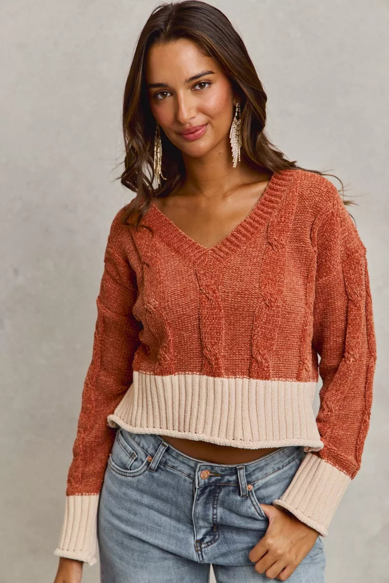 SO ME Chenille Cable Knit V Neck Contrast Cropped Sweater